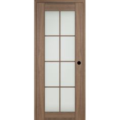 a wooden door with frosted glass on the top and bottom panel, in front of a white background