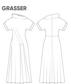 the front and back view of a dress with short sleeves, pleaed at the waist