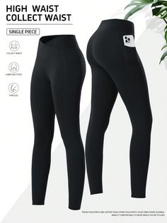 Women's Black Cross Back Moisture Wicking Breathable Yoga Leggings, High Waist Elastic Fitness Workout Running Tights With Side Pockets, Compression Leggings For Fall/Winter Sports Black    Polyester Plain Skinny High Stretch Spring/Fall,All,Spring/Summer/Fall Women Activewear, size features are:Bust: ,Length: ,Sleeve Length: Yoga Sportswear, Sports Pants Women, High Waist Yoga Pants, Slim Fit Top, Compression Leggings, Running Tights, Outdoor Workouts, Elegant Dresses Long, Sport Running