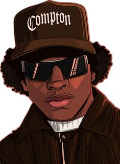 a man wearing sunglasses and a hat with the word compton written on it