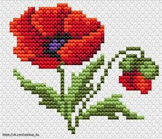 a red flower with green leaves is shown in this cross - stitch pattern on white