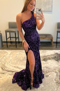 One Shoulder Purple Sequin Mermaid Long Formal Dress Sparkling Dresses, Prom 2k24, Trumpet Prom Dress, Prom 2023, Prom Inspo, Prom Decor, Streetwear Chic, Long Formal Dress, Birthday Inspo