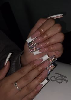 Bling Acrylic Nails French Tip, Long Square Nails Designs Bling, Nails Acrylic French Tip With Gems, White French Tip Nails With Gold Rhinestones, Latina Nails French Tip, White French Tip Rhinestone Nails, Long French Nail Designs, Square Acrylic Nails With Gems, Blinged French Tip Nails