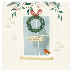 a christmas card with a wreath on the window sill and a bird sitting next to it