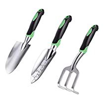 three different types of kitchen utensils with green handles and black tips on them