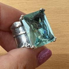 Stunning Vintage Ring With A Very Large Emerald Cut Blue Crystal Stone That Reminds By Color Of A Good Aquamarine. The Blue Crystal Stone Is Approx. 16x12 Mm In Size ( Do Not Have A Carat Weight ). The Wide Band Is Approx. 14mm Wide Up Front And Tapers Down To Approx. 6.5 Mm Wide In The Back Of The Ring. There Are Several Sort Of Marks Inside The Band That Look Like A Remnants Of A Hallmark, But I Did Not Find A Full Sterling Stamp, However The Ring Has Been Tested And Guaranteed Sterling Silver. Due To The Wideness Of The Band, The Ring Sits On Mandrel Between Sizes 5.5-6.5 . All Pictures Are Part Of The Description . Absolutely Gorgeous Artisan Made Vintage Ring , Very Unique !!! Blue Crystals Stones, Large Stone Rings, Wide Band Ring, Wide Band Rings, Put A Ring On It, Aquamarine Blue, Moonstone Ring, Crystal Stone, Vintage Ring