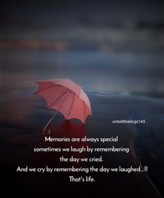 an umbrella floating in the water with a quote about memories