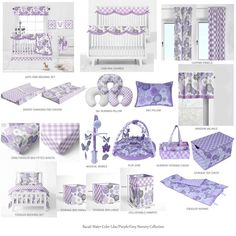 the purple and white bedding set is shown in this image, it has many different patterns