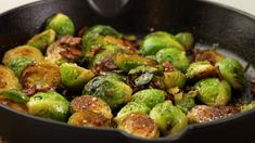 brussel sprouts with bacon in a skillet