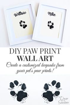 two framed pictures with the words diy paw print wall art in black and white