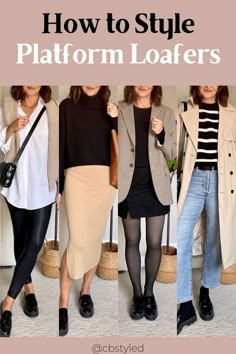 Casual Office Outfits Women Loafers, Loafer Platform Shoes, Platform Loafers With Leggings, Platform Loafer Work Outfit, Outfits With Black Platform Loafers, Platform Lug Sole Loafers Outfits, Loafers For Women Outfit 2023, Fashion With Loafers Outfit, Chunky Loafers Casual Outfit