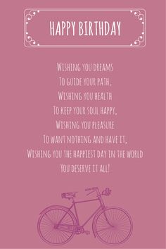 a pink birthday card with a bicycle on the front and words that says, happy birthday wishing you dreams to guide your path