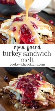 an open faced turkey sandwich with cranberry sauce being drizzled onto it