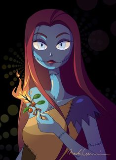 a cartoon character holding a flower in her hand and looking at the camera with an evil look on her face