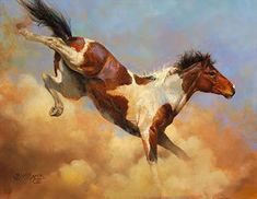 a painting of a brown and white horse jumping in the air with it's front legs spread out