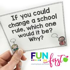 someone is holding up a sign that says if you could change a school rules, which one would it be why?