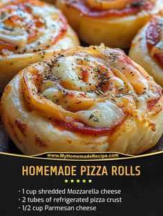 homemade pizza rolls with cheese and pepperoni on the top are shown in this flyer