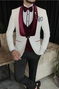 White Solid Color, Wedding Suit, Three Piece Suit, Formal Business, White Solid, Prom Wedding, White Jacket, Three Piece, Shawl Collar