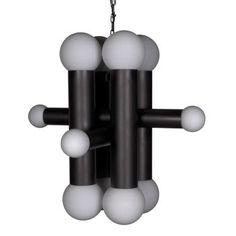 a black and white chandelier with balls hanging from it's center point