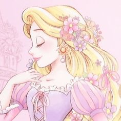 a drawing of a woman with long blonde hair and flowers in her hair wearing a pink dress