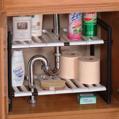 an open cabinet with toiletries and cleaning products