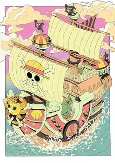 an image of a cartoon pirate ship in the ocean with cats on it's back