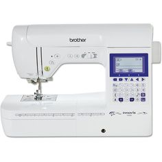 the brother sewing machine is white and has a blue screen on it's side