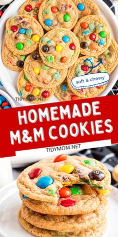 homemade m & m cookies on a plate with the title overlay that reads homemade m and m cookies