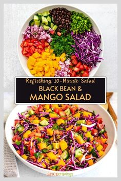 black bean and mango salad in a white bowl with the words refreshing 10 minute salad