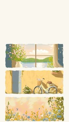 three different views of a bicycle and flowers