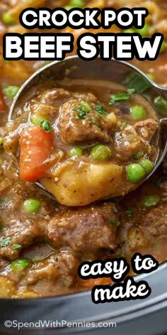 crockpot beef stew in a slow cooker with text overlay that reads, easy to make crockpot beef stew