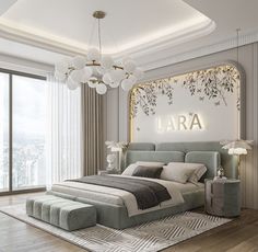 a bedroom with a large bed and chandelier hanging from it's ceiling