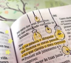 an open book with drawings of light bulbs on the pages and words written in spanish