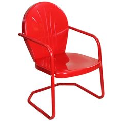 a red plastic chair with a metal frame and arm rests on a white background,