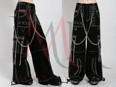 "🔥 Elevate Your Style with Custom Handmade Black Gothic Emo Baggy Pants With White Thread Stitching! 🔥 🛒 Add to Cart Now for the Ultimate Fashion Upgrade 🛒 Are you tired of blending into the crowd, feeling like your style is missing that 🔥 factor? Do you yearn for a fashion statement that truly represents your unique identity, embracing elements of Gothic, Emo, Techwear, Steam Punk, Cyber Punk, Y2K, and adorned with Chains and Zippers? See pictures for the two available designs to choose fr Emo Techwear, Shorts With Chains, Baggy Black Cyberpunk Bottoms, Gothic Pants With Cargo Pockets For Alternative Fashion, Black Baggy Gothic Pants, Black Baggy Harajuku Pants, Gothic Streetwear Trousers, Japanese Harajuku Fashion, Hip Hop Trousers