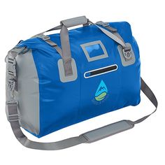 a blue and gray duffel bag on a white background