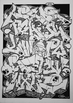 a black and white drawing with lots of graffiti on it