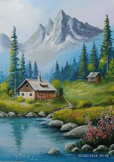 a painting of a cabin by the river