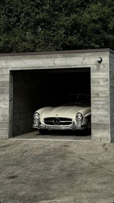 a car is parked in a garage with its door open