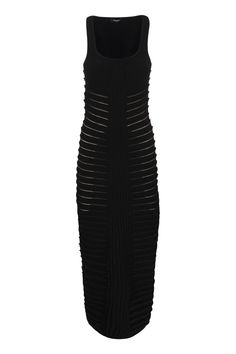 Elevate your wardrobe with this stunning sleeveless black midi knit dress. The stretch ribbed fabric hugs your curves in all the right places, while the cut-out details and zip closure on the back add a touch of allure. The semi-sheer design exudes sophistication and elegance, making it the perfect choice for a night out or a special event. Embrace the luxury of designer fashion with this exquisite piece, and step out in style with confidence and grace. Designed for the fashion-forward individua Knit Long Dress, Midi Knit Dress, Balmain Style, Sleeveless Knit Dress, Dress Tight, Long Knitted Dress, Sleeveless Knit, Black Midi, Women Midi