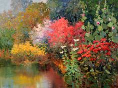 an oil painting of flowers and trees by the water