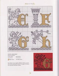 the cross stitch alphabet is shown in red and yellow, with an image of a dragon on