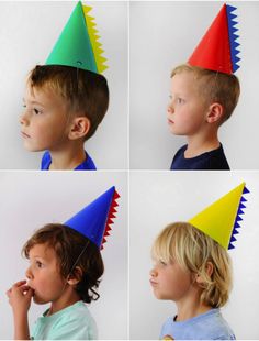 several pictures of children wearing party hats