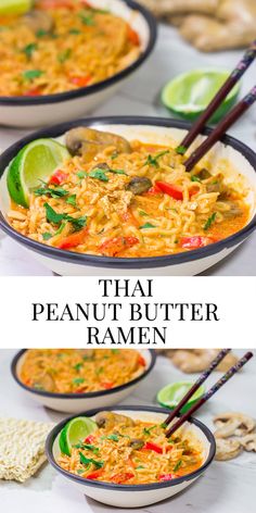 thai peanut butter ramen in bowls with chopsticks and lime slices on the side