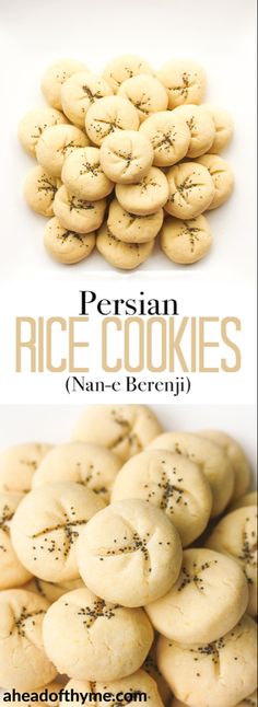 two pictures with different types of cookies in them and the words persian rice cookies on top