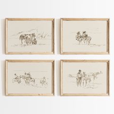 four framed drawings of cowboys on horses