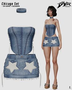 an image of a woman in short shorts and denim corset with white stars on it