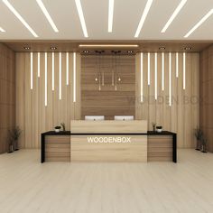 an empty wooden reception area with white chairs and wood panels on the wall behind it