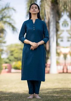 Solid Navy Blue Cotton Kurta Pant Set Navy Blue Kurta, Plain Kurti, Red Kurta, Blue Kurta, Kurta Pant Set, Kurti Designs Latest, Kurti Design, Navy Blue Fabric, Cotton Kurta