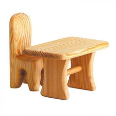 a wooden table and two chairs made out of plywood wood, on a white background